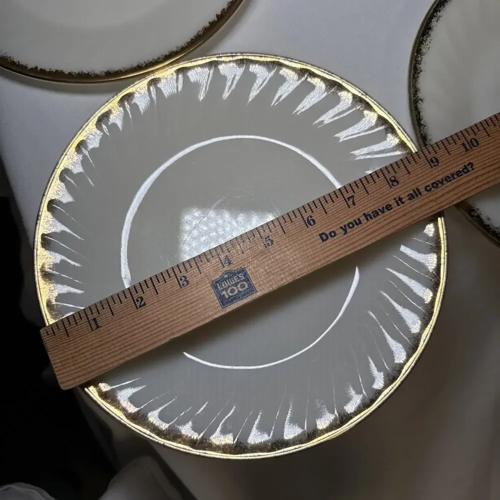 VTG Anchor Hocking Fire King Swirl Gold Rim Oven Safe Set of 4 Dinner Plates 9
